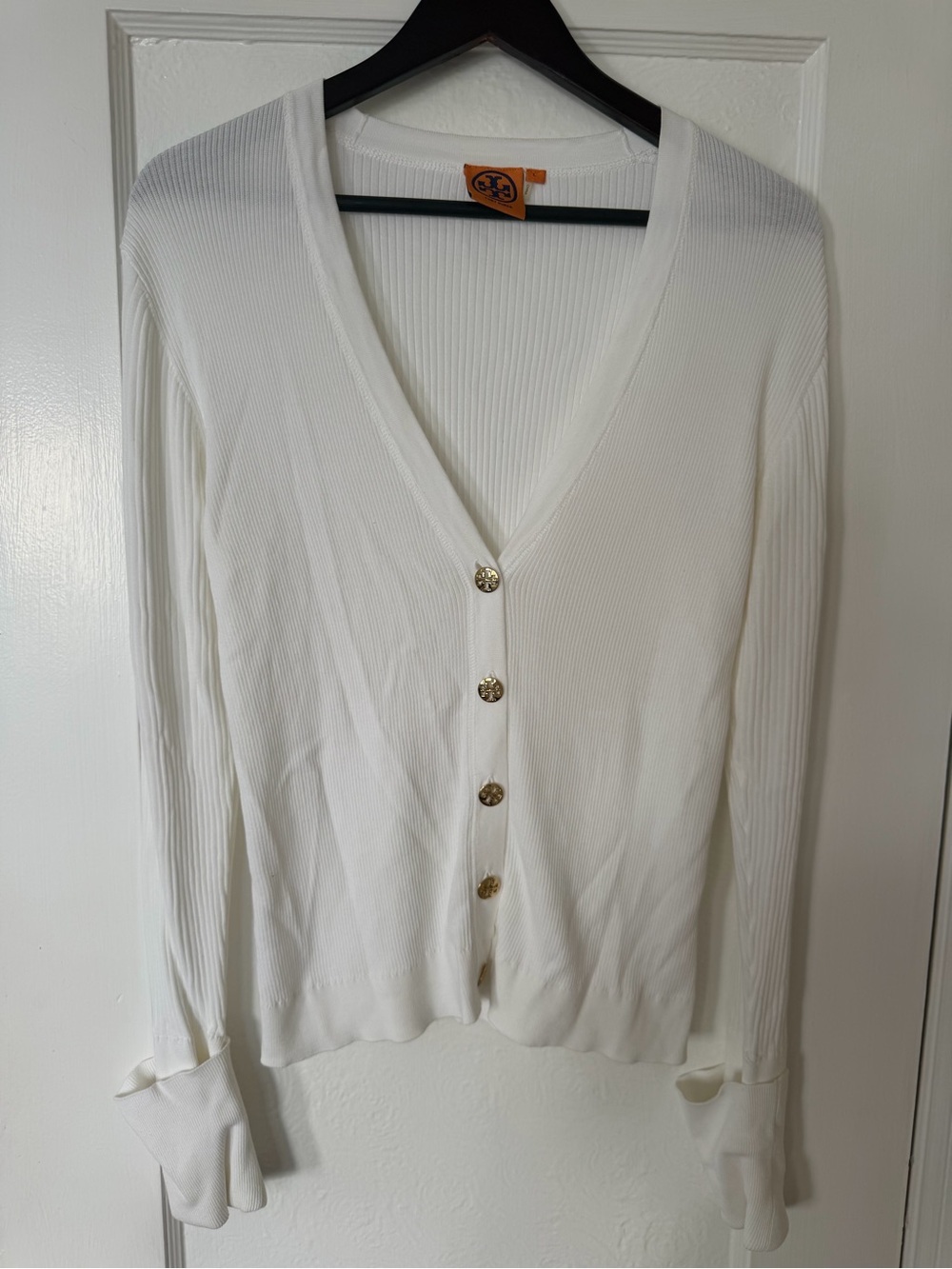 Tory Burch White Ribbed V‑Neck Button Cardigan with Gold Buttons